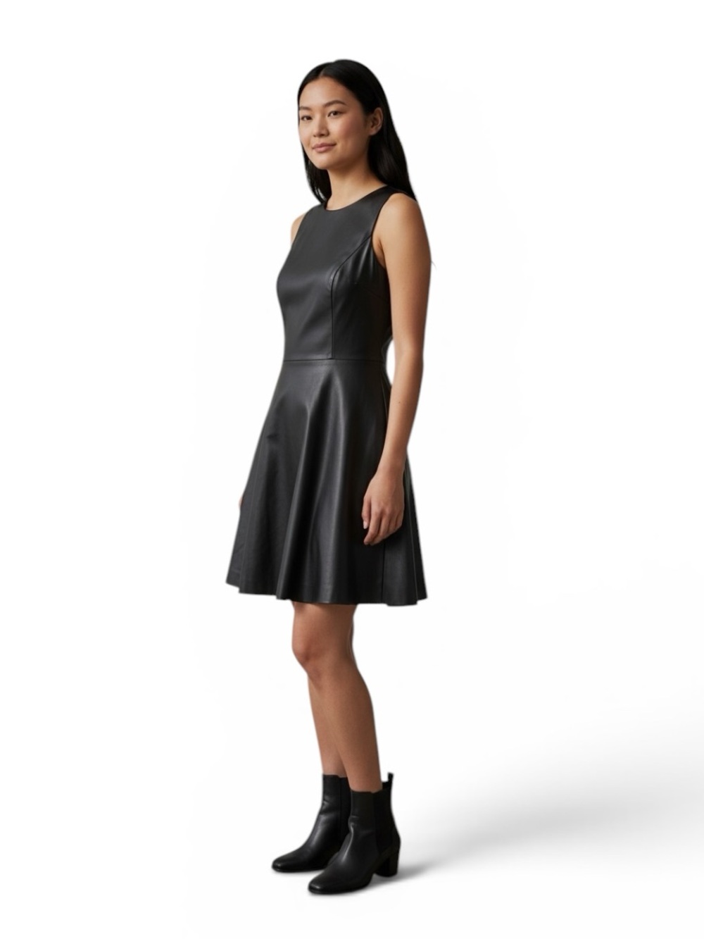 WHBM Faux-Leather Fit & Flare Black Mini Dress, Size 6